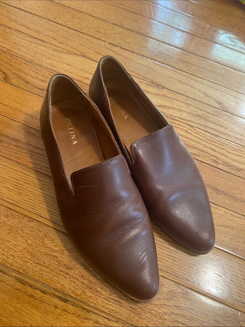 Patina Brown Leather Pointed Toe Slip-On Flats
